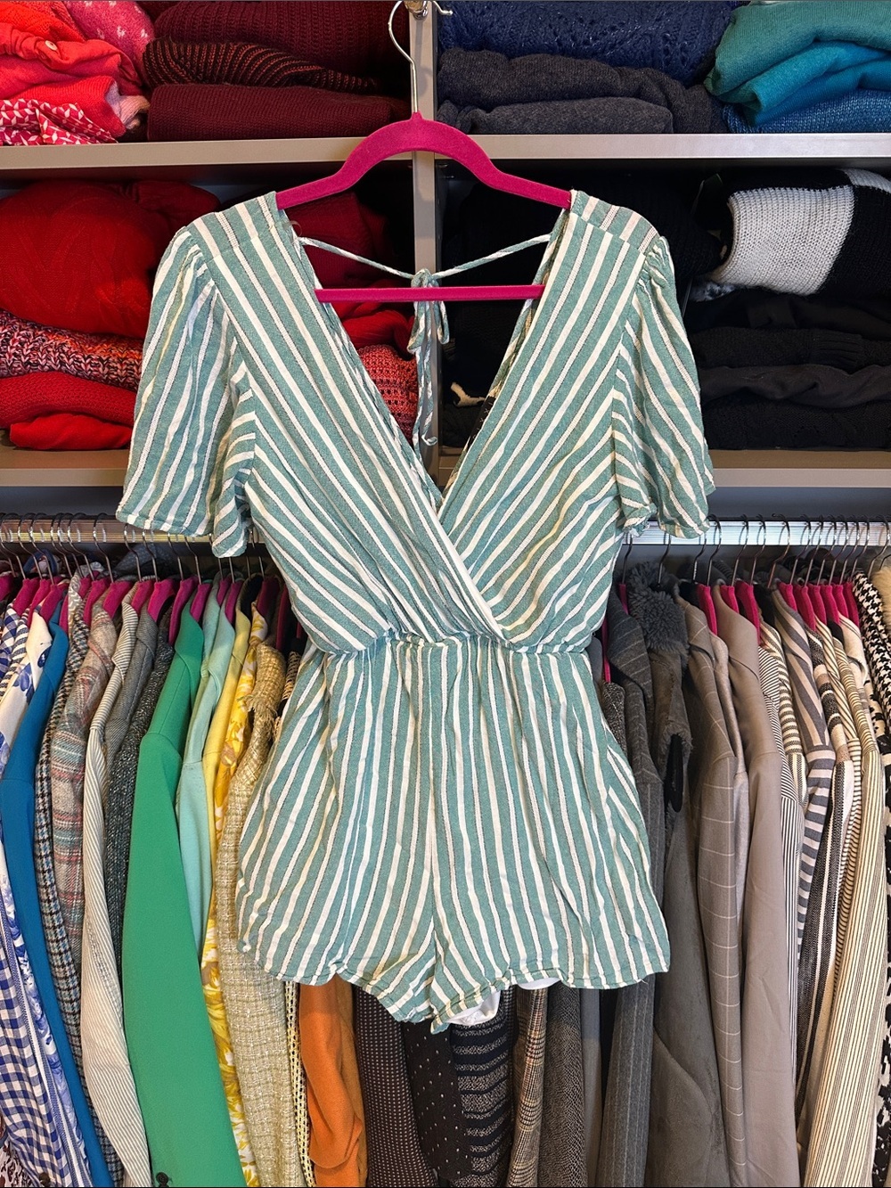 Trixxi green/white striped elastic waistband short sleeve lined romper size L